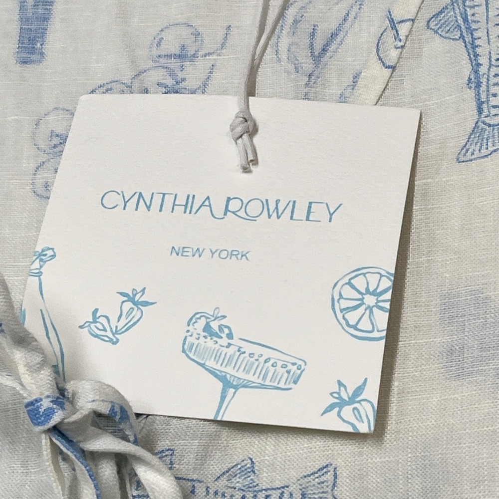 Cynthia Rowley Top White Linen Blue Italian Wine Print L Euro Summer Vacation - Picture 9 of 16